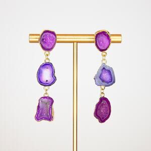 Hot Pink Dangle Earrings Geode Earrings Gold Plated Handmade